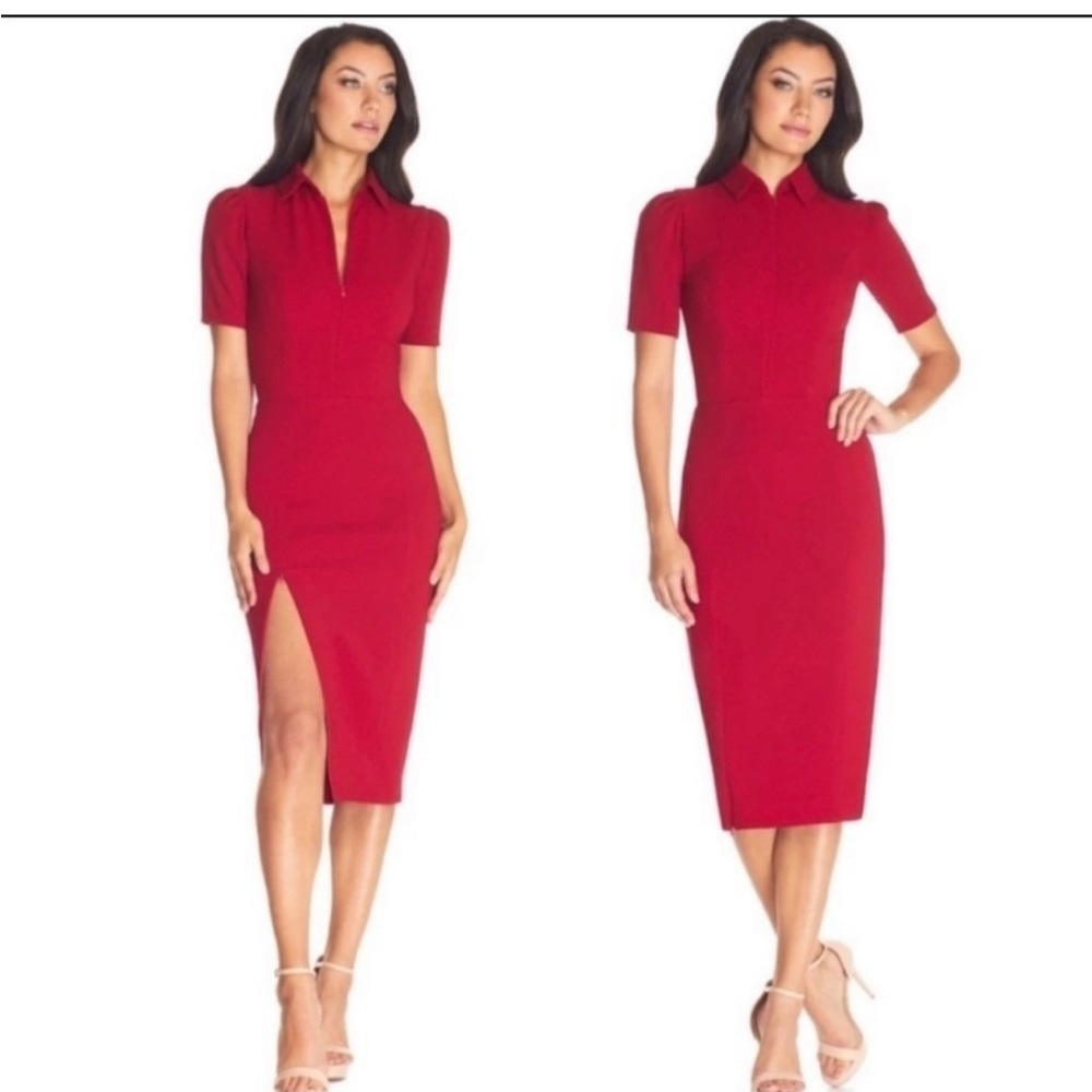 Dress the Population Gloria Front Zip Collared Sheath Dress Garnet Size XS